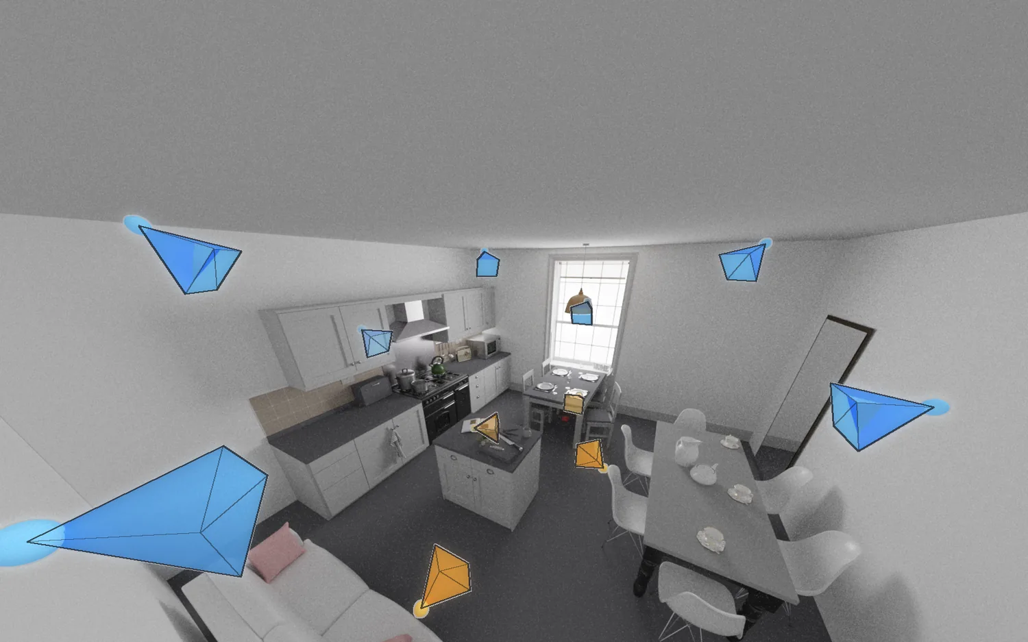 A rendered interior with the camera viewpoints the agent selected drawn as coloured frusta
