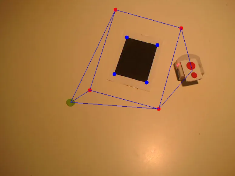 Overhead view of an arena with the visibility graph drawn between obstacle corners, robot and goal