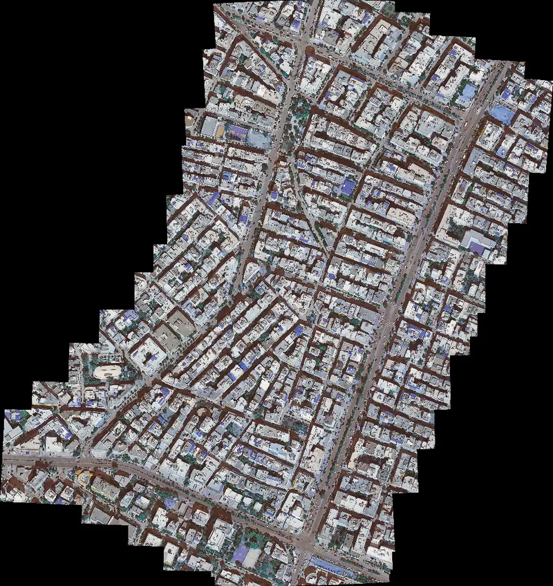 A satellite mosaic of the Galatsi district assembled from many Google Earth frames